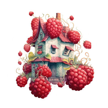 Watercolor illustration red berries srawberry houses clipart, book decor, best selling, fairytale art, generation ai