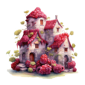 Watercolor illustration red berries srawberry houses clipart, book decor, best selling, fairytale art, generation ai