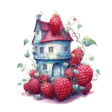 Watercolor illustration red berries srawberry houses clipart, book decor, best selling, fairytale art, generation ai