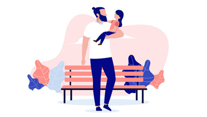 Father and child - Dad standing outdoors lifting young daughter at the park. Flat design vector illustration with white background