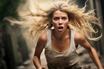 young blonde woman running in a panic