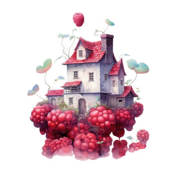 Watercolor illustration red berries srawberry houses clipart, book decor, best selling, fairytale art, generation ai