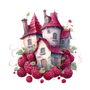 Watercolor illustration red berries srawberry houses clipart, book decor, best selling, fairytale art, generation ai