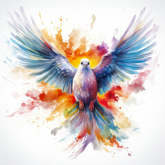 Obraz premium Graceful Dove in Flight, A Burst of Hope and Peace ? Watercolor Splash Illustration