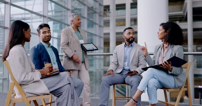 Tablet, business meeting and senior woman presenter with training and sales training chart with communication. Audience, workshop and professional seminar with faq and teamwork from web app proposal