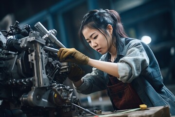 Plakat woman technician in a factory is working on a metal