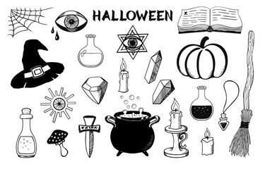 Halloween objects set. Magical hand drawn symbols. Witch cauldron, hat, broom, candles and other elements for Halloween