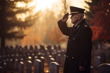 American senior war veteran saluting his fallen comrade