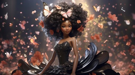 3d computer graphics of a black  fairy between butterflies, Generative AI