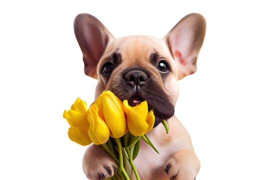 A dog with tulips isolated on transparent background, . Generative Ai