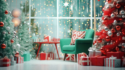 Winter or christmas cozy interior. Decorations, christmas tree, gifts and accessories. Red and green color. AI generated