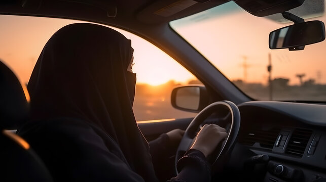 Islam Female Is Driver. Arabic Muslim Women Driving Car, Sunset Light. AI Generation