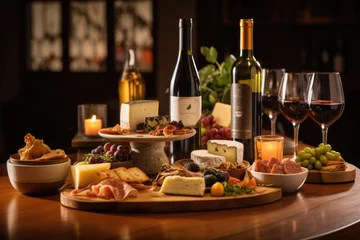 Foto op Canvas Food and wine assortment. Cheese, grape, meat and fruits on the wooden desk. Generative AI © barmaleeva