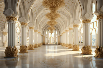 Golden Splendor, Opulent Mosque Interior with Luxurious Gold and White Theme,