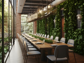 An atmospheric and luxurious dining environment with a green living wall