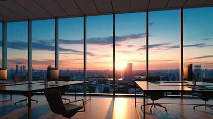 Business Office room. Light and bokeh. from the setting sun. morning ,  modern office, tower view at urban city background . 