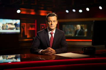 TV news anchor in studio. AI generated