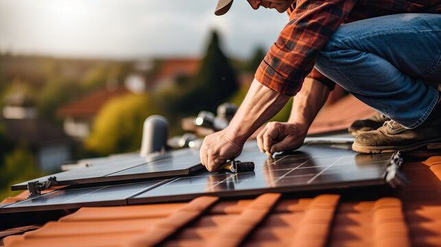 Worker engineer installing solar panels, electrical technician, alternative renewable green energy