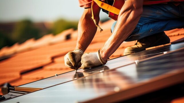 Worker engineer installing solar panels, electrical technician, alternative renewable green energy
