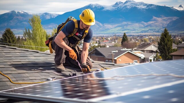 Worker engineer installing solar panels, electrical technician, alternative renewable green energy