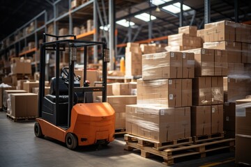 A large retail warehouse filled with shelves with goods stored on manual pallet trucks in cardboard boxes and packages. driving a forklift in the background Logistics and distribution facilities 