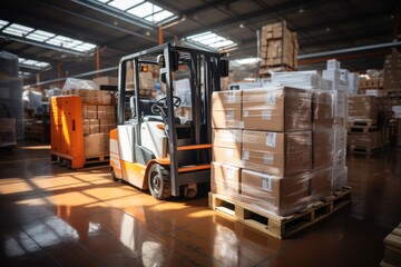 A large retail warehouse filled with shelves with goods stored on manual pallet trucks in cardboard boxes and packages. driving a forklift in the background Logistics and distribution facilities for