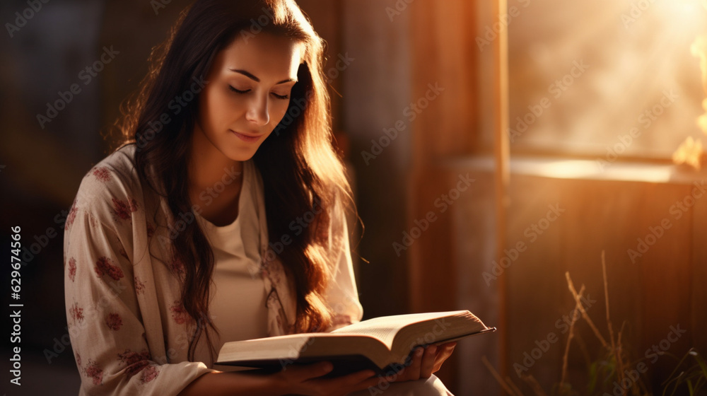 Wall mural Faithful Devotion: Woman Praying with Her Bible, Embracing the Light of Faith