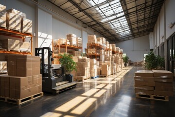 A large retail warehouse filled with shelves with goods stored on manual pallet trucks in cardboard boxes and packages. driving a forklift in the background Logistics and distribution facilities 