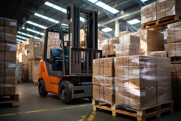 A large retail warehouse filled with shelves with goods stored on manual pallet trucks in cardboard boxes and packages. driving a forklift in the background Logistics and distribution facilities 