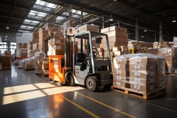 Naklejka premium A large retail warehouse filled with shelves with goods stored on manual pallet trucks in cardboard boxes and packages. driving a forklift in the background Logistics and distribution facilities 