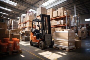 Naklejka premium A large retail warehouse filled with shelves with goods stored on manual pallet trucks in cardboard boxes and packages. driving a forklift in the background Logistics and distribution facilities 