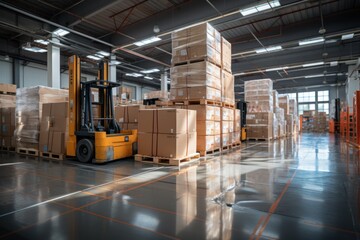 A large retail warehouse filled with shelves with goods stored on manual pallet trucks in cardboard boxes and packages. driving a forklift in the background Logistics and distribution facilities  - obrazy, fototapety, plakaty