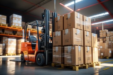 A large retail warehouse filled with shelves with goods stored on manual pallet trucks in cardboard boxes and packages. driving a forklift in the background Logistics and distribution facilities 