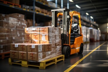 Naklejka premium A large retail warehouse filled with shelves with goods stored on manual pallet trucks in cardboard boxes and packages. driving a forklift in the background Logistics and distribution facilities 
