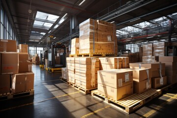A large retail warehouse filled with shelves with goods stored on manual pallet trucks in cardboard boxes and packages. driving a forklift in the background Logistics and distribution facilities 