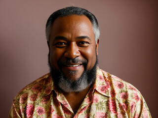 Portrait of the middle age bearded black man with a cheerful smile wearing a bright Hawaiian shirt stands alone on a pink background. Concept of active age.