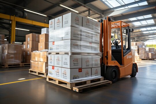 A large retail warehouse filled with shelves with goods stored on manual pallet trucks in cardboard boxes and packages. driving a forklift in the background Logistics and distribution facilities 