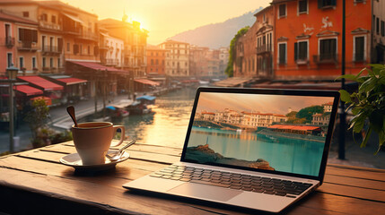 Fototapeta na wymiar screen of Tablet and Laptop on table . Light and bokeh. from the setting sun. morning light at restaurant, modern office, tower view at urban city background . 