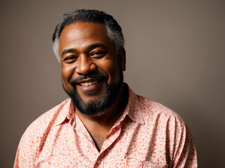 Portrait of the middle age bearded black man with a cheerful smile wearing a bright Hawaiian shirt stands alone on a pink background. Concept of active age.