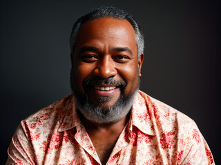 Obraz premium Portrait of the middle age bearded black man with a cheerful smile wearing a bright Hawaiian shirt stands alone on a pink background. Concept of active age.