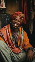 Young afro-american woman with colorful braids on ethnic background, model posing