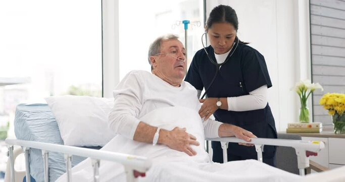 Senior man, stethoscope or nurse check medical health, breathing or patient cardiology, lungs exam or elderly care. Hospital bed, retirement home or healthcare person, doctor or caregiver test client