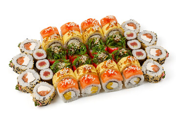 a large set of rolls and maki with salmon, tuna, mango and avocado on a white background for a restaurant menu, studio shooting 1