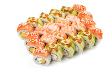 role set with salmon, shrimp and avocado on white background for restaurant menu, studio shooting