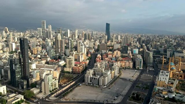 Aerial drone hyperlapse video of Downtown Beirut, Lebanon's capital city