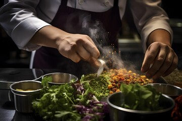Eine Nahaufnahme der Hände eines Kochs, der in einer geschäftigen Küche Zutaten fachmännisch zubereitet
