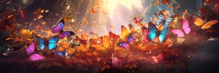 Flying butterflies, fairy tale banner generated by AI.