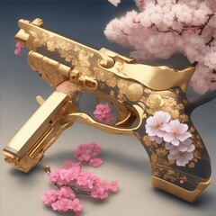 golden gun with cherry blossoms illustration