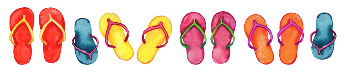 Watercolor flip-flop, summer beach footwear illustration isolated on white
