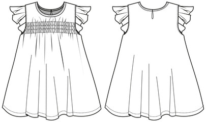 Girls empire babydoll Dress design with smocking chest details flat sketch fashion illustration vector template with front and back view, butterfly sleeve shirring details Toddler baby girl frock © Fathima Flats